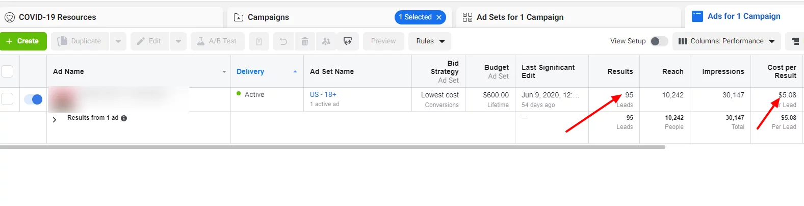 Facebook leads campaign dashboard screenshot for medspa clinic portfolio